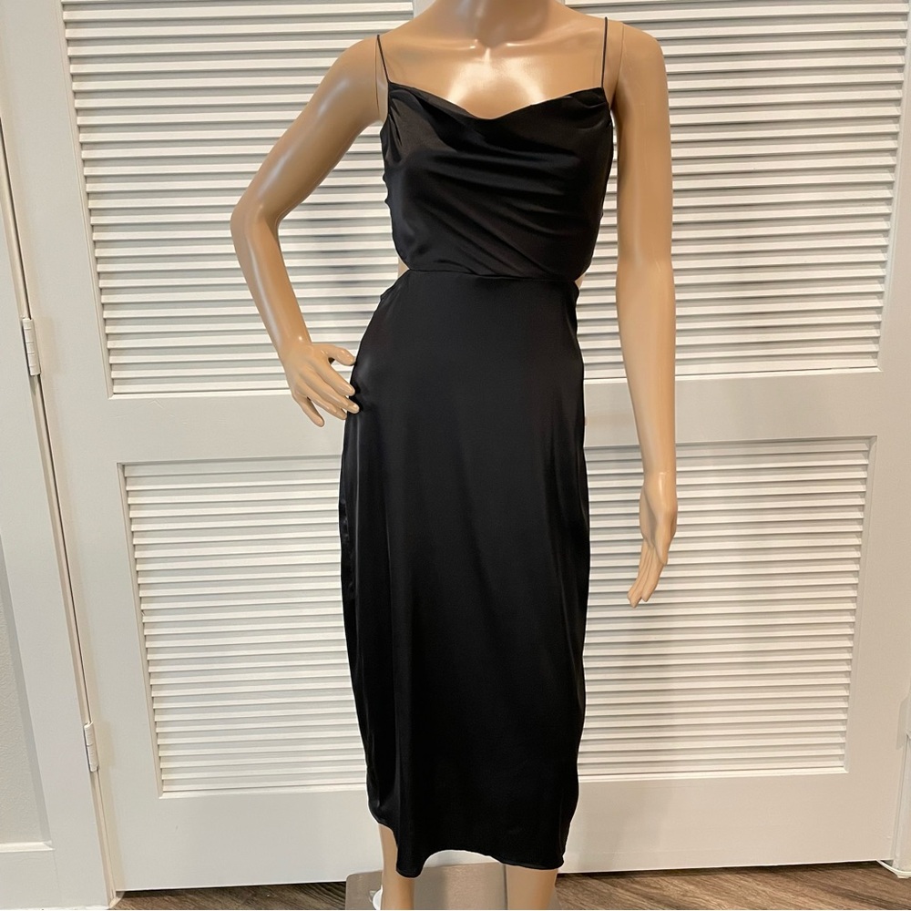 Black silk midi dress with cowl neckline and adjustable straps